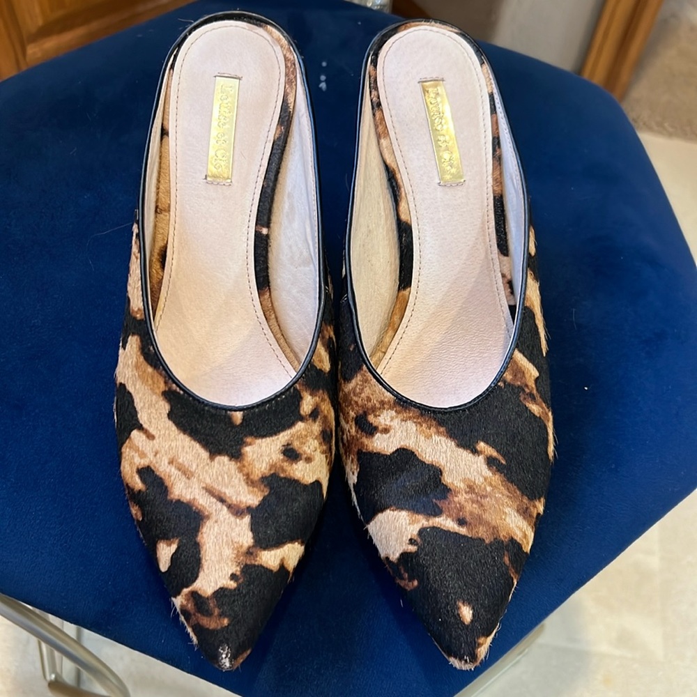 Louise et Cie animal print calf hair mules heels